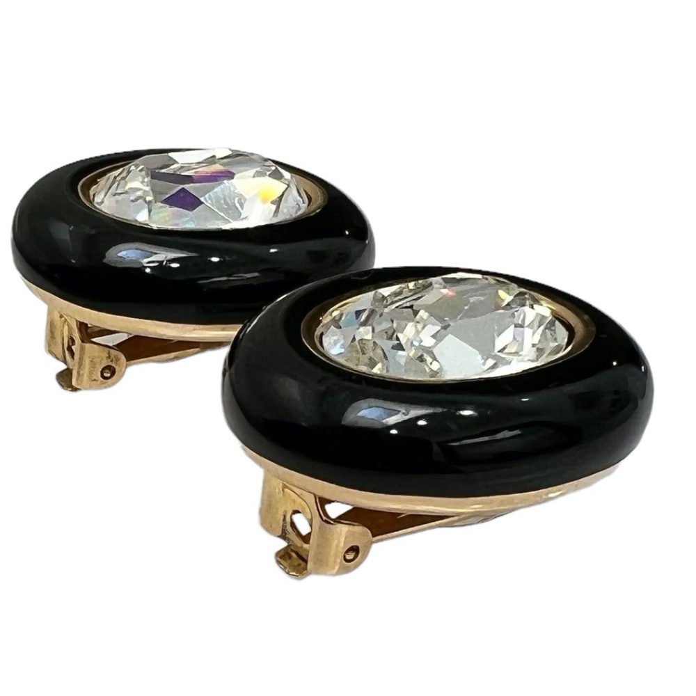 CHRISTIAN DIOR BLACK ENAMEL & FACETED CRYSTAL OVAL CLIP ON EARRINGS - Picture 8 of 16
